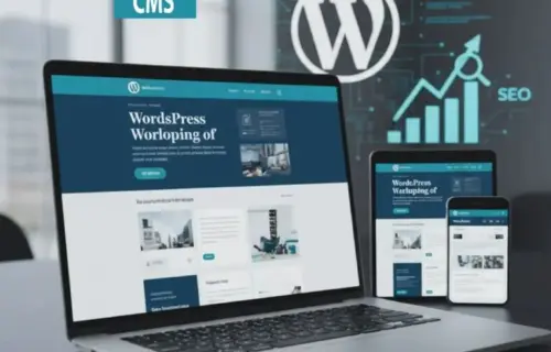 WordPress Website Development Course graphic: laptop, tablet, phone showing WordPress sites and SEO chart.