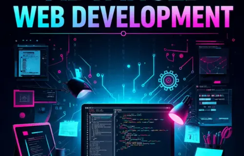 Full Stack Web Development Diploma: cyberpunk coding setup with neon lights and charts.