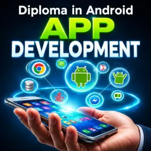 Diploma in Android App Development: app icons and blue tech effects on smartphone.