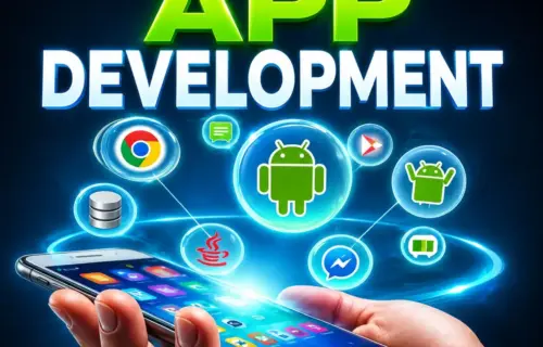 Diploma in Android App Development: app icons and blue tech effects on smartphone.