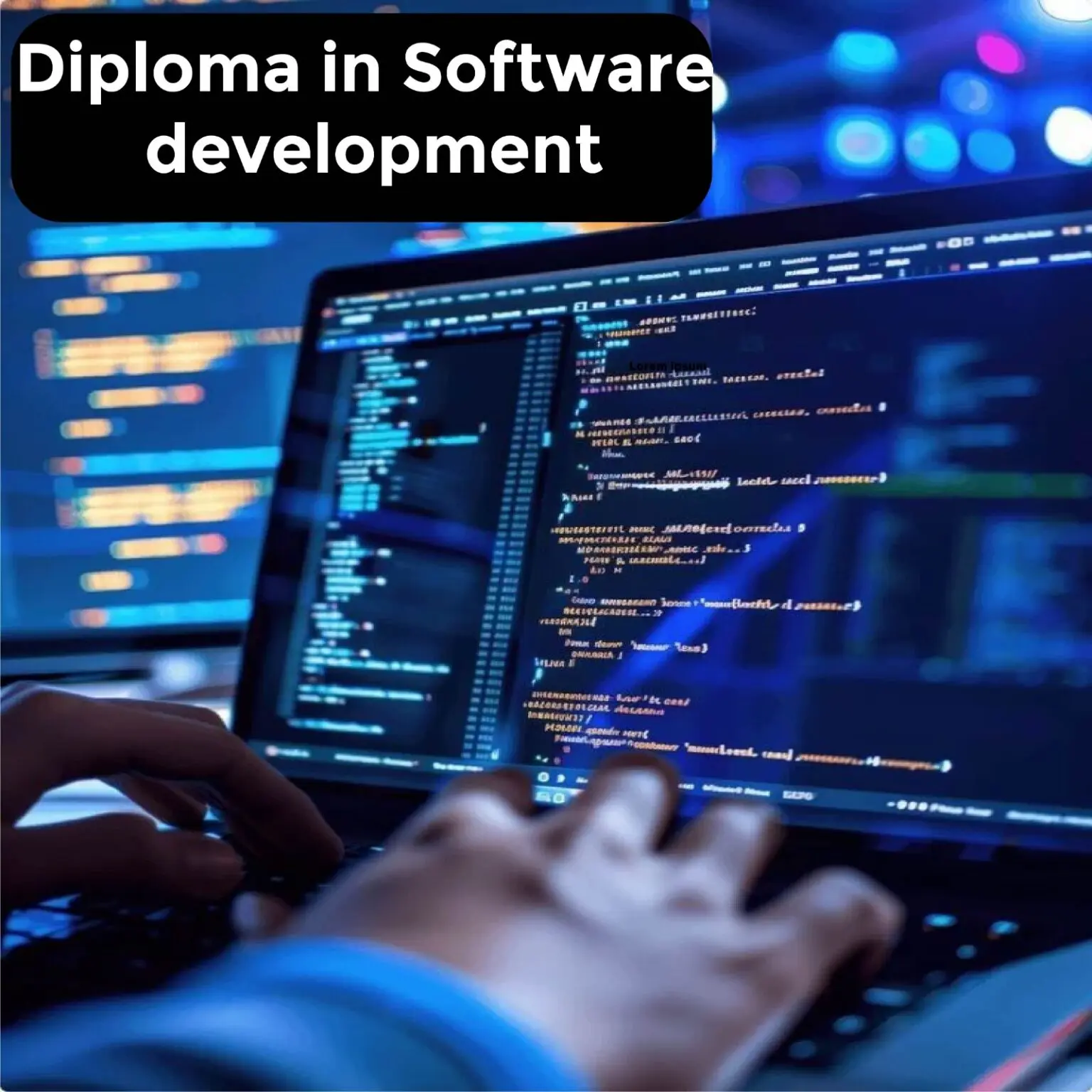 Close-up of hands typing code on a laptop, with colorful programming text on screen and Diploma in Software development title above.