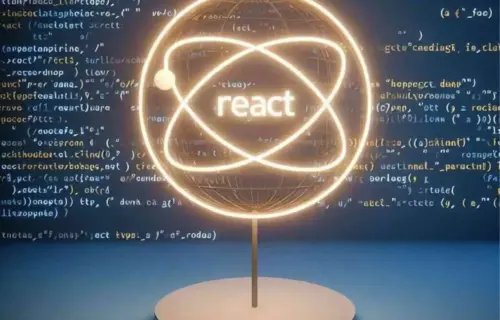 React.JS for Beginners: glowing logo on a pedestal amid flowing code, modern and educational.