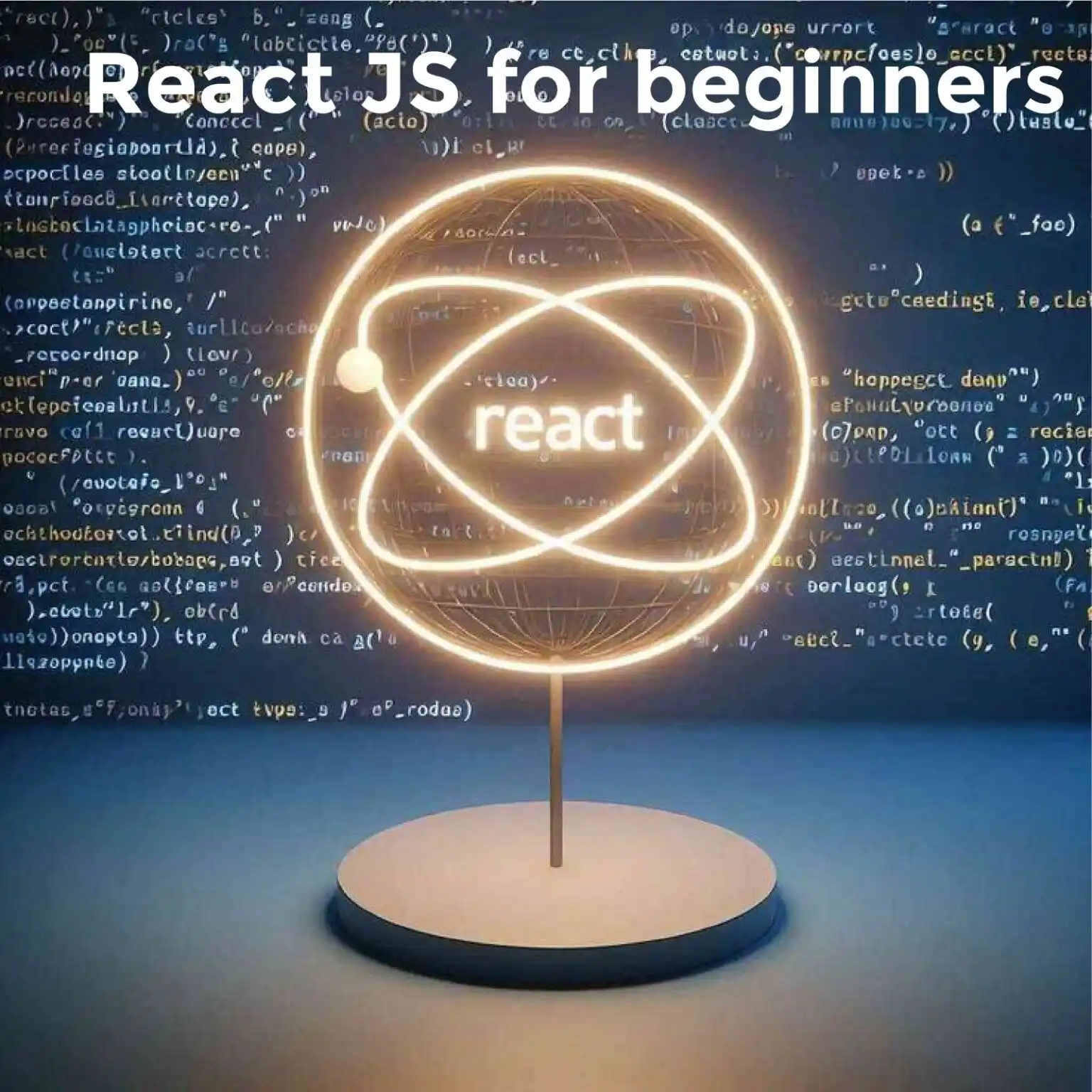 React.JS for Beginners: glowing logo on a pedestal amid flowing code, modern and educational.